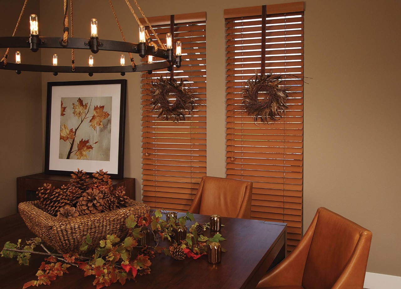 Hunter Douglas wood blinds in a home near Spokane, Washington